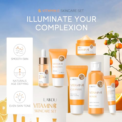 LAIKOU Vitamin C Skin Care Set, 6 Pcs Skincare Kit for Women, with Vitamin C Serum for Face Toner Eye Cream Face Cream Cleanser Sunscreen, Skin Care Gift Set for Women Teenage Girls Mom Daughter