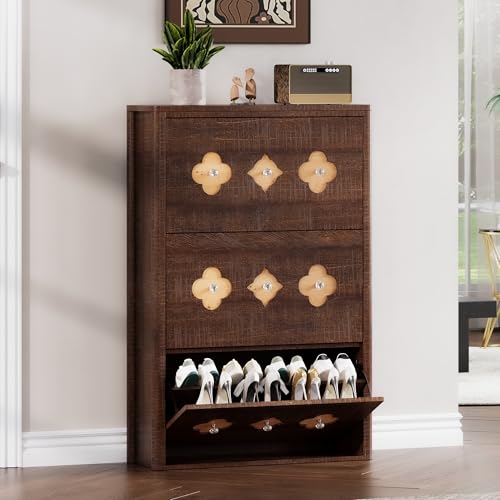 GarveeHome Shoe Cabinet with 3 Flip Drawers & Adjustable Shelves, Brown