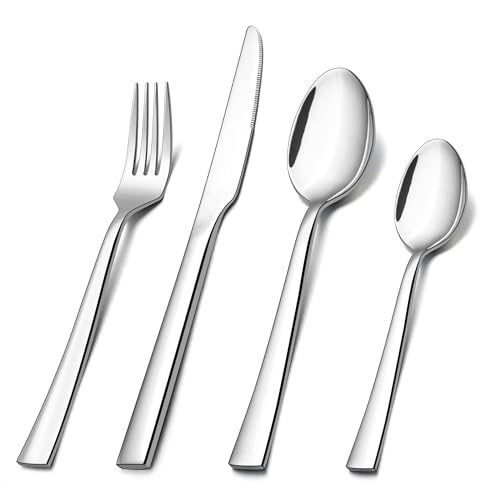 E-far 24-Piece Silverware Set, Stainless Steel Flatware Tableware Set for 6, Eating Dinner Utensils for Home Restaurant Party, Include Spoons, Fork, Knife, Square Edge & Mirror Finish, Dishwasher Safe