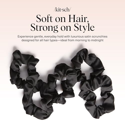 Kitsch Satin Scrunchies for Women – No Crease Hair Ties – Soft Satin Hair Scrunchies for Girls – Frizz Free, Gentle, Stylish Hair Accessories | Ideal Gifts for Women – Black, 5 pcs