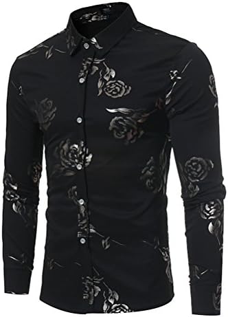 Men's Floral Shirts Gold Rose Printed Slim Fit Long Sleeve Dress Button Down Shirts