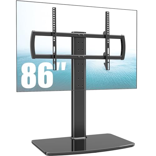 Hemudu Universal TV Stand/Base Tabletop TV Stand with Wall Mount for 40 to 86 inch 5 Level Height Adjustable, Heavy Duty Tempered Glass Base, Holds up to 66kgs Screens, HT03B-003P