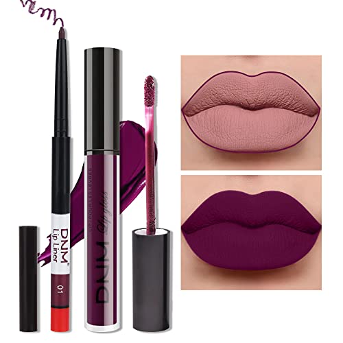 2pcs Matte Dark Purple Lip Liner and Lipstick Makeup Set, burgundy Matte Lipstick 24H and Lip Liner Set Deep Berry Matt Lip Gloss Waterproof Long Lasting Lip Liner Lipstick Set Dark Colors (#01)