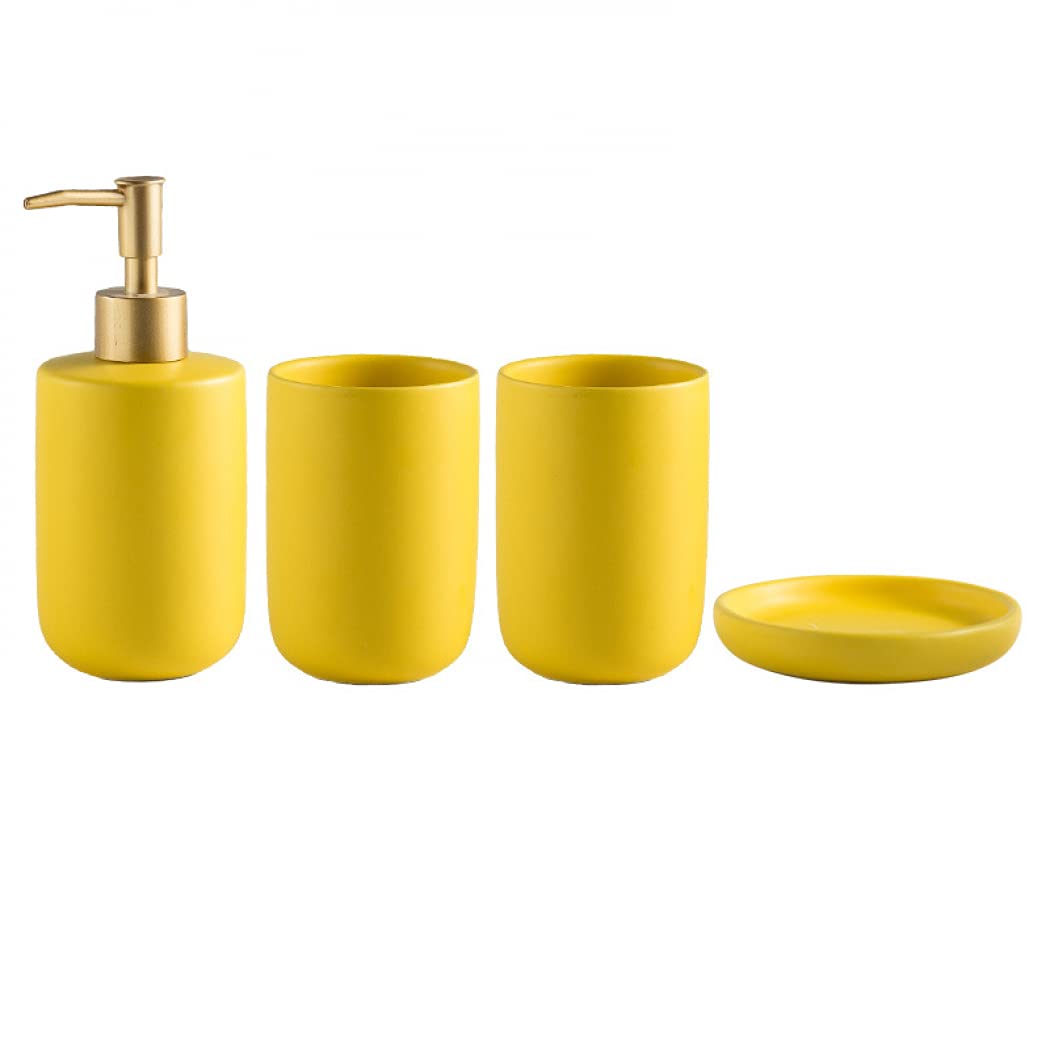 Bathroom Accessory Sets, Luxury Ceramic Bathroom Accessory Set, Soap/Lotion Dispenser, Toothbrush Cup, Soap Dish for Home Hotel Bathroom Countertop (Yellow 4-piece set)