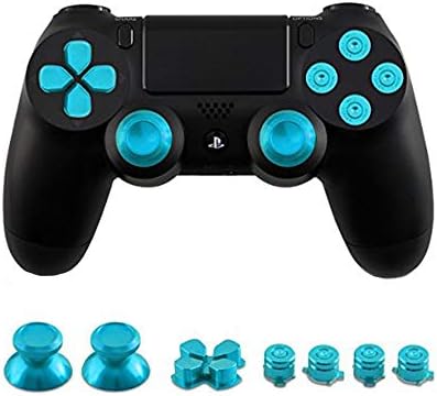 HIOTECH PS4 Metal Buller Buttons ABXY Buttons with Thumbsticks Thumb Grip & Chrome D-pad for DualShock 4 Controller Mod Kit (Blue)