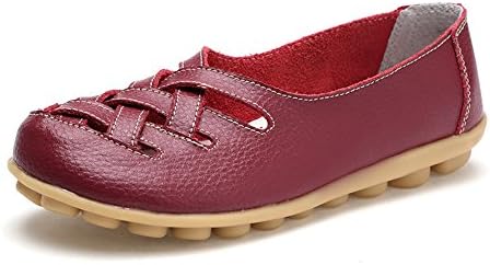 Ponyka Womens Cowhide Leather Loafers Flats Sandals Slip-On Shoes, Wine Red, 8 B(M) US