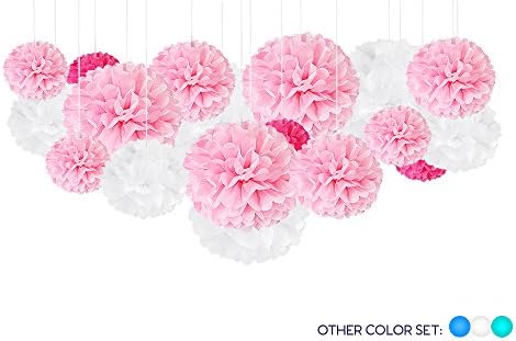 18 DIY Tissue Paper Pom Pom Party Decorations - Hanging Tissue Paper Pom Poms Balls for Baby Shower Birthday Party - Light Hot Pink White
