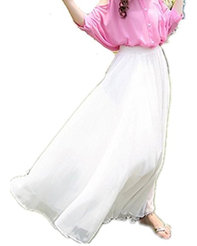 Mullsan Women Retro Vintage Double Layer Chiffon Pleat Maxi Long Skirt Dress (White)