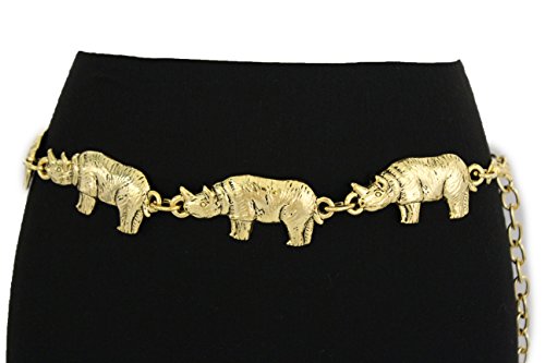 TFJ Women Fashion Metal Rhino Belt Chains Hip High Waist Animal Safari Gold S M L