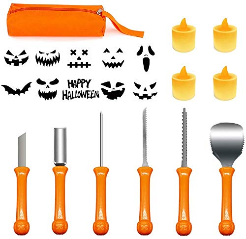 Halloween Pumpkin Carving Kit, Professional Pumpkin Carving Tools Set with Carrying Case and 4 LED candles, Heavy Duty Stainless Steel Carving Tools, Sturdy Sculpting Jack-O-Lanter Knife Set (11Pcs)