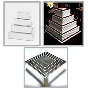 Set of 4-piece square cake baking pans by Euro Tins 6, 8, 10 & 12 Inch (4" Deep)
