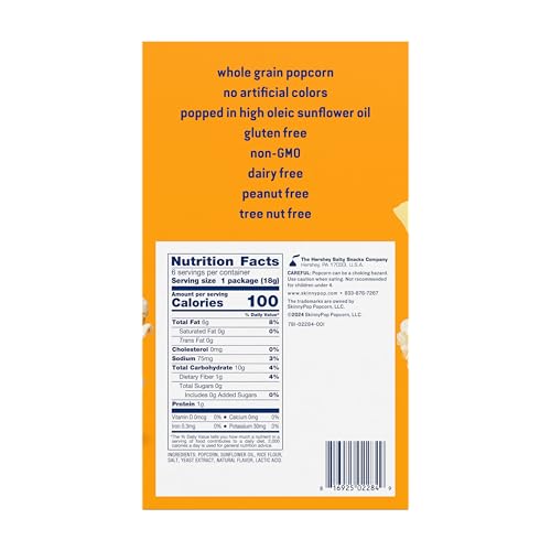 SKINNYPOP POPCORN, WHITE CHEDDAR, WHOLE GRAIN, DAIRY-FREE SNACK, 0.65OZ BAGS (6CT)