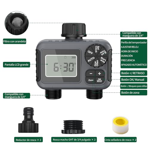 vantisan Temporizador de riego 2 Zonas Programable para Manguera 2 Salidas, con Modo automático, Manual y retardo por Lluvia para Plantas, Césped y Jardines