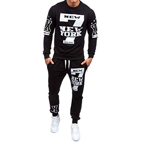 Men's Boys Sports Suit Tracksuit,Casual Slim Fit Printed Sweatsuit Pants Sets for Autumn Winter (Black, Asian XXL)