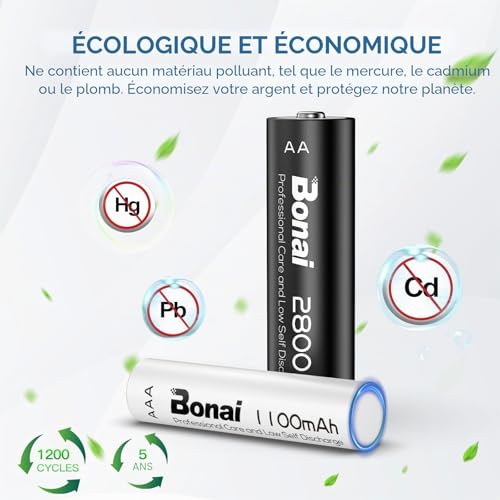 BONAI Rechargeable Batteries AA and AAA (Pack of 16, 8AA + 8AAA) - Mixed Pack NiMH 1.2V High Capacity 2800/1100 mAh | 1200 Cycles, Low Self-Discharge, Perfect for Home Equipment