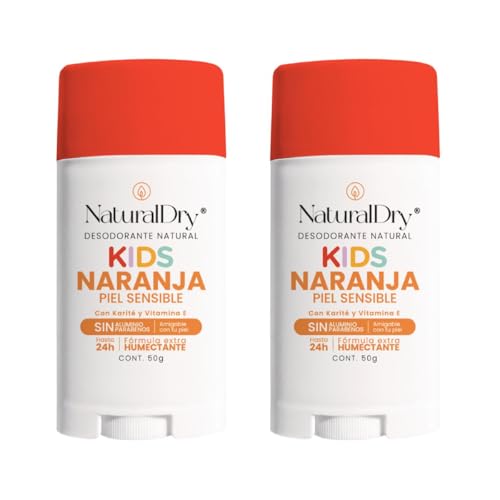 Naturaldry - 2 desodorantes infantiles Kids SIN BICARBONATO DE SODIO unisex Natural ideales para pieles sensibles - No obstruye los poros - SIN ALUMINIO - Sin parabenos - Aroma Naranja para niños y niñas - En Barra