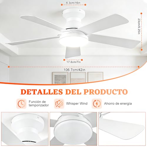 Ventilador de Techo con Luz de 42 Inch/107cm, Montaje Empotrado con Control Remoto, Silencioso de 5 Aspas, 3cct+6 Velocidades, Motor Reversible, Blanco