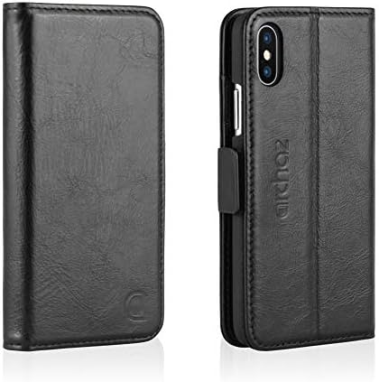 archaz iPhone X/ iPhone XS Leather Wallet Case - Premium Italian Leather iPhone X/ XS Wallet Case with Magnetic Clasp Closure - Adjustable Viewing Stand - Compatible with Wireless Charger (black)