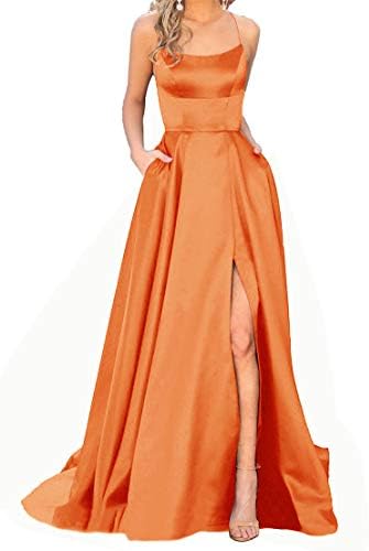 JASY Women's Spaghetti Satin Long Black Prom Dresses with Pockets