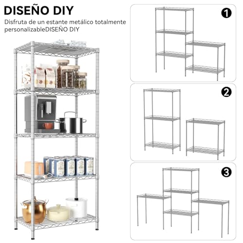 【Expandible】Estante de Almacenamiento de Metal de 5 Niveles(55x30x150CM), Estante Organizador Resistente, Rack Organizador Ajustable, Anaquel, 4 S-Ganchos, Cocina, Oficina, Despensa, Microondas(Plata)
