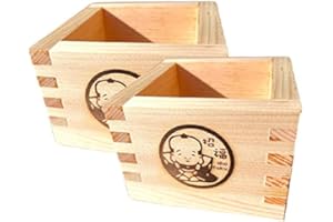 EDOYA Hinoki Wood Sake Cups (Set of 2) Japanese Box Masu with Japanese Lucky Brand (Blessing Boy)