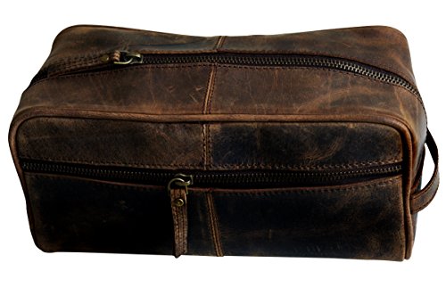 MNI Handmade Buffalo Genuine Leather Toiletry Bag Dopp Kit Shaving and Grooming Kit for Travel ~ Gift for Men Women ~ Hanging Zippered Makeup Bathroom Cosmetic Pouch Case