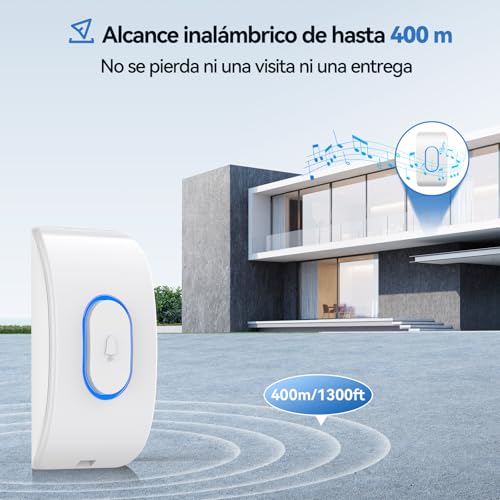 TECKNET Wireless Doorbell Outdoor Waterproof, IP65 Waterproof Doorbell 400M, 60 Melodies and 5 Volume Levels, 3 Working Modes, LED Indicator for Home, Living Room, Office – White