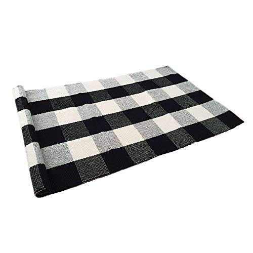 USTIDE 100 Cotton Plaid Rugs Black/White Checkered Plaid Rug Hand