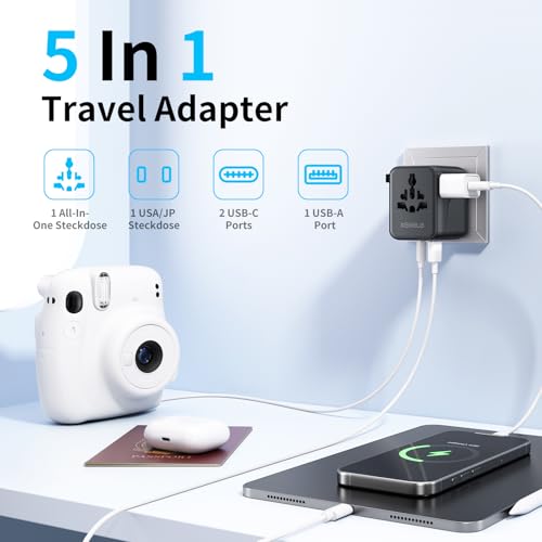 5 in 1 Universal Travel Adapter,Universal Travel Socket with 1 USB A,2 USB C,1 Universal Socket,1 US/JP Socket and Adapter International Plug for Italy UK US Australia Thailand Mexico