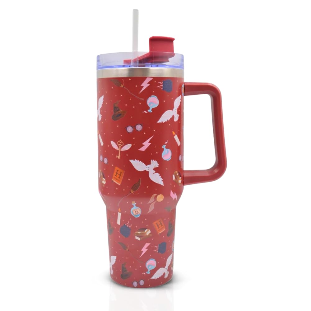 Harry Potter Insulated Stainless Steel Mug 1200ml with Handle & Straw Hogwarts Icons Design, Double‑Walled Travel Tumbler for Hot & Cold Drinks - Cold 17Hrs or Hot for 5Hrs, Red