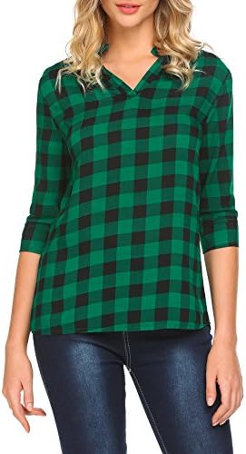 EASTHER Women's Plaid V Neck 3 4 Sleeves Blouse Checkered Top Shirts