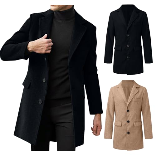 Winter Jackets for Men Long Length Single Breasted Lapel Trench Coat Classic Plain Regular Fit Jacket with Pockets Casual Warm Overcoat