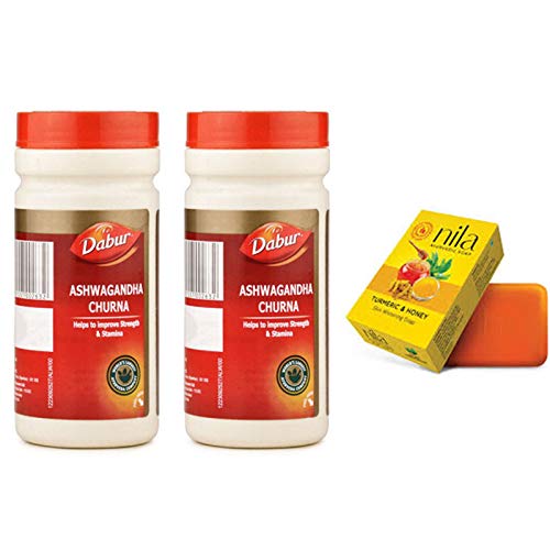 Dabur Ashwagandha Churna 60g(Pack of 2) 2pcs with Nila Ayurvedic Turmeric and Honey Soap 75g