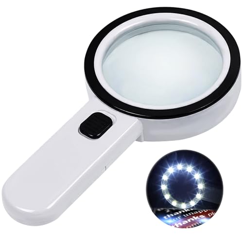 Nazano 10x Magnifying Glass with 12 LED Lights - Handheld Magnifier Reading Magnifier High Clarity & Lightweight for Seniors, Children, Jewelers, Hobbies