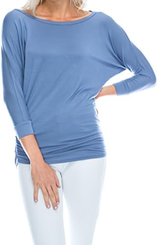 DELOA Womens 3/4 Sleeve Drape Top Side Shirring Tunic Made in USA Sky Blue Large