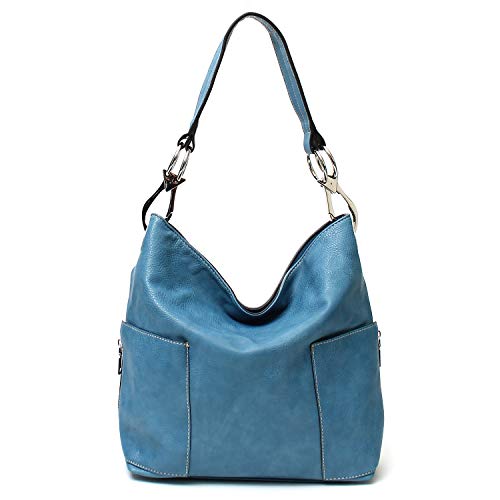 Americana Bucket Style Hobo Shoulder Bag with Big Snap Hook Hardware and Side Zipper Pocket