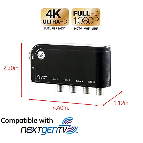 GE 4Way HD Digital TV Antenna Amplifier, Low Noise Antenna Signal