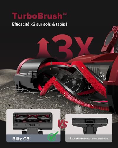 C8 Aspirateur Balai avec Fil, 600W/60Kpa Aspirateur Balai Puissant avec Recharge Murale, Cable de 7 m, Brosse Anti-Emmêlement,1,5L Aspirateur Balai pour Tapis,Sols Durs,Poils d'animau