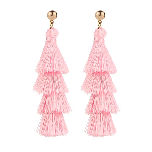 BaubleStar Fashion Gold Tassel Dangle Earrings Layered Long Bonita Tiered Pink Thread Tassel Drop Statement Jewelry for Women Girls