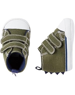 Boy's High Top Sneaker Crib Shoes; Olive & White