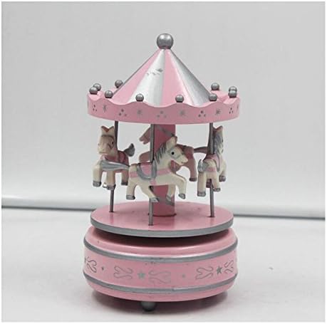 Carousel Wooden Music Box -4 Horses Rotating Music Box for Valentine's ,Birthday ,Christmas Children Gifts (Pink)