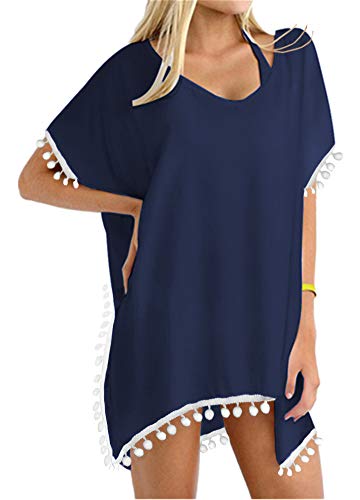 Yincro Women's Swimsuit Bathing Suit Cover Ups for Swimwear (Pom Navy, C)