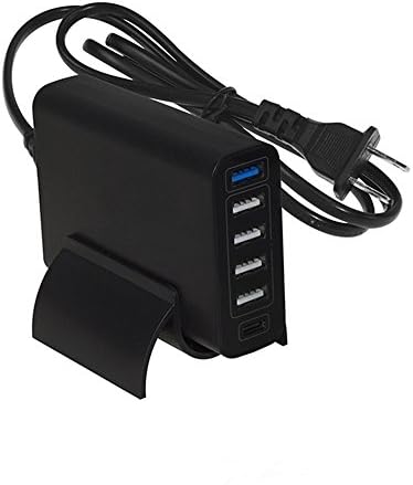 60W 6-Ports USB Charger with Phone Stand,Quick Charge 3.0 USB-C Micro Hub Fast Charging Station for iPhone Android, iPad, Tablet, iPod, GPS, Camera - Black