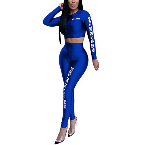 Women's 2 Piece Outfits Long Sleeve Printed Bodycon Crop Top and Long Pants