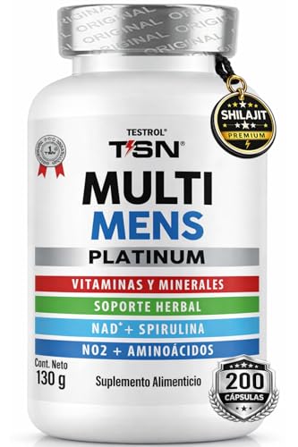 24 Vitaminas y Minerales para Hombres, con Precursor de Óxido Nítrico, Arginina y Citrulina + Soporte Herbal Fenogreco, SHILAJIT, Maca y NAD+ | Multi Mens | TSN Testrol 200 Cápsulas