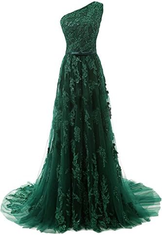 MissDressy A-line One-shoulder Long Lace Applique Prom Dress Evening Gown Formal-22W-Dark Green