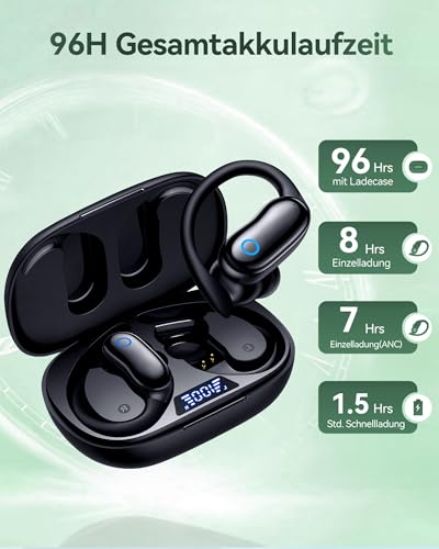 Sports Bluetooth Headphones with Ear Hook, ANC Noise Cancelling & Transparency Mode, 96H Runtime, IPX7 Water Resistant, ENC Microphone, In-Ear Headphones with Secure Hold for Running, Fitness