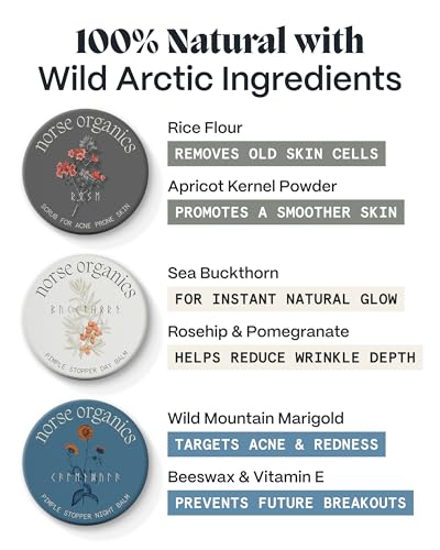 Norse Organics | The Complete System For Pimples | 3 Step System with Day Glow Balm, Acne Night Balm, Face Scrub | Natural Face Care with Arctic Herbs & Beeswax for Teens & Adults (3 pc kit)