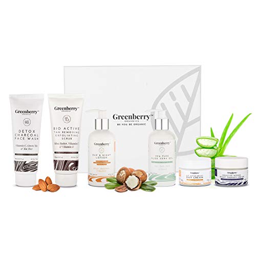 Greenberry Organics Complete Day & Night Skin Care Routine Box with 6 Full Size Products, Works on ensuring clear, spot free, wrinkle free, clean and hydrated skin, Set of 6 Products, All Skin Types