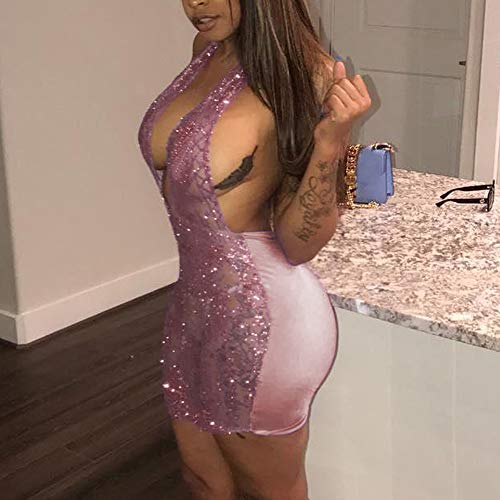 HUAMING-Clearance New Mesh Dresses,Sexy Womens Halter Dress Deep V Party Nightclub Dress Backless Sequins Mini Dress (M, Pink)